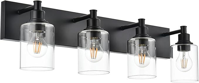 TODOLUZ 4-Lights Bathroom Vanity Light Fixtures, Black Modern Wall Lighting Over Mirror with Clear Glass Shade (E26 Bulb Base)