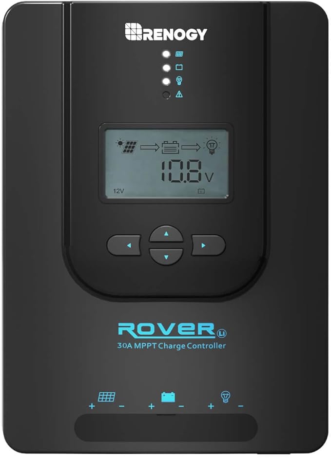 Renogy Solar Charge Controller (Bluetooth) -Rover 30A 12V24V Auto DC Input MPPT Charge Controllers for Solar Panels Adjustable LCD for Gel Sealed Flooded Lithium Batteries