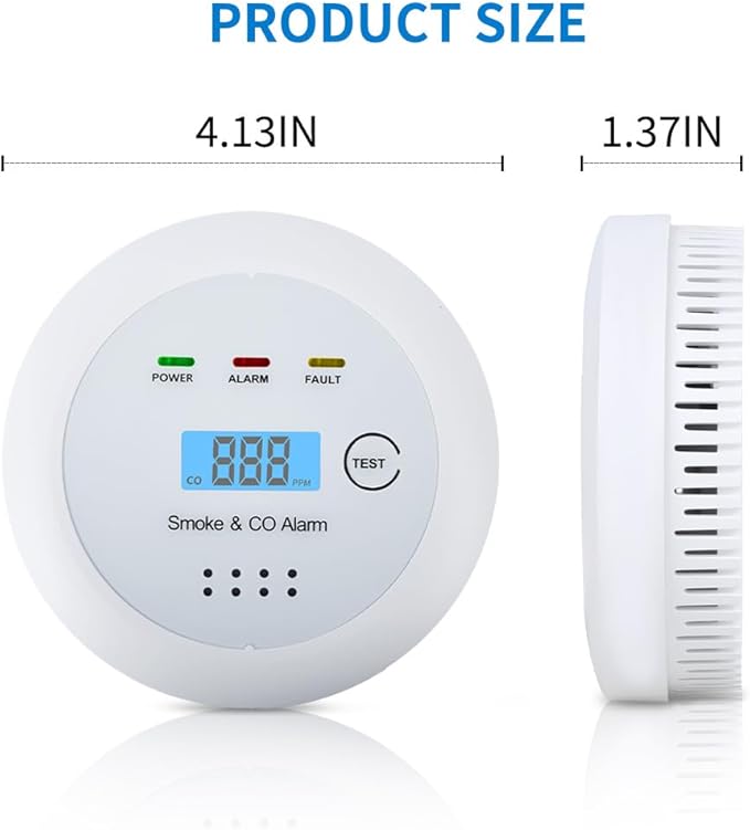 2 in1 Smoke Detector Carbon Monoxide Detector Combo,with LCD Digital Display and Sound Warning Test Button，Battery Powered，Easy Installation, for Home, Bedroom, Kitchen (3PACKS)