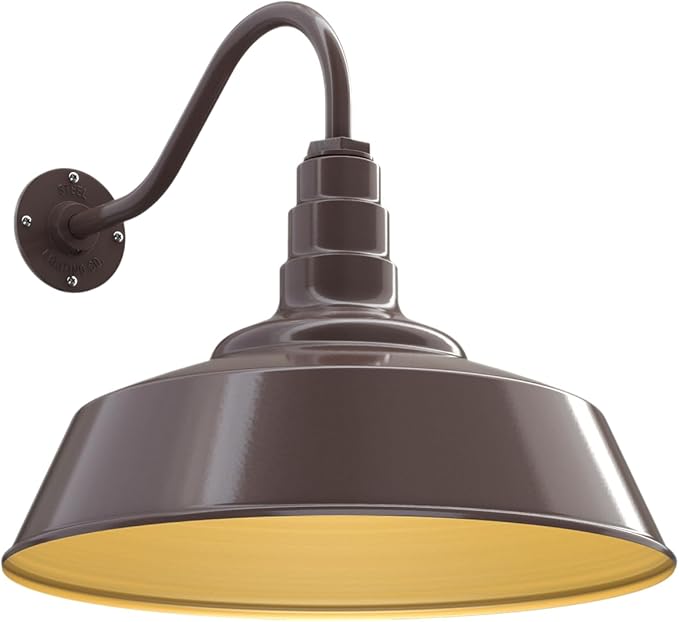 Steel Lighting Co. Large Outdoor Barn Light | Gooseneck Light Fixture | Made in America from 18-Gauge Steel | 20" Dome | 16" Gooseneck Dark Bronze Exterior/Brass Interior