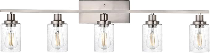WINSHEN 40-Inches Length Bathroom Vanity Lighting Fixtures Over Mirror in Brushed Nickel, 5-Lights Industrial Sconce Wall Lamp with Seeded Glass Shades