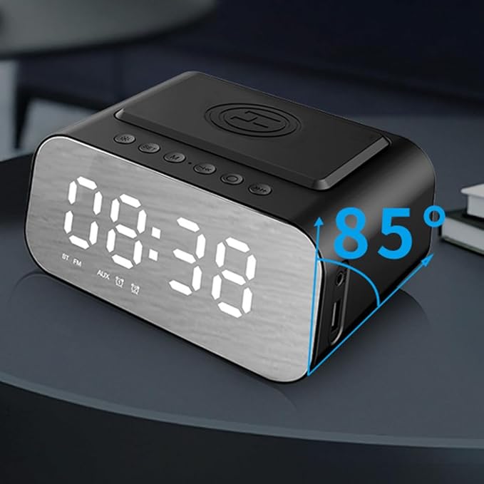 IHAO 7in1 Multifunctional Digital Alarm Clock with 15W Fast Wireless Charger Bluetooth Speaker LED Display Clock FM Radio TF Card, AUX Input, USB Port Dual Alarm for Bedroom and Office-BT510 Black