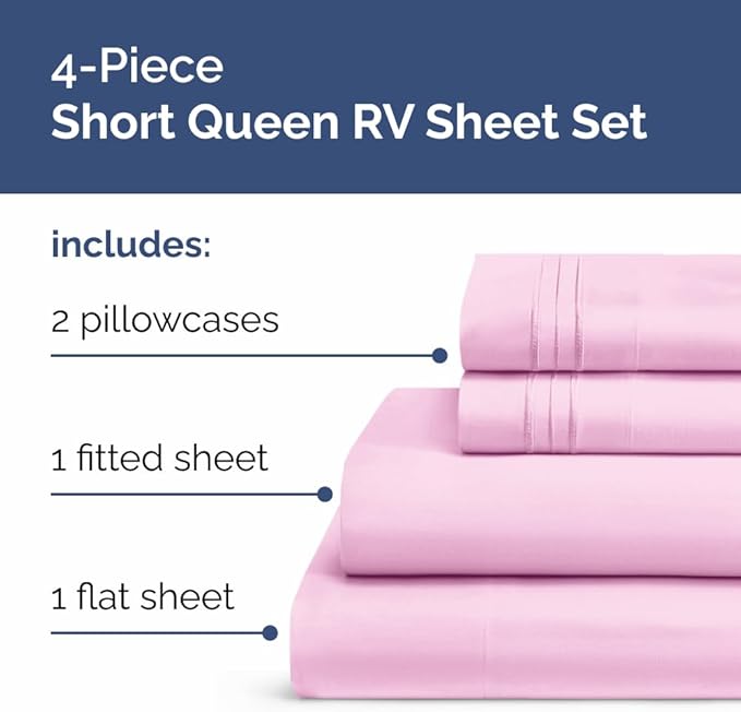 RV Short Queen Sheet Set 60 X 75 - 4 Piece RV Short Queen Bed Sheets - Soft, Breathable & Cooling - Designed for Bunks, Trailers & Campers - Fits 8” to 12" Mattress - Hotel Luxury Bedding - Light Pink