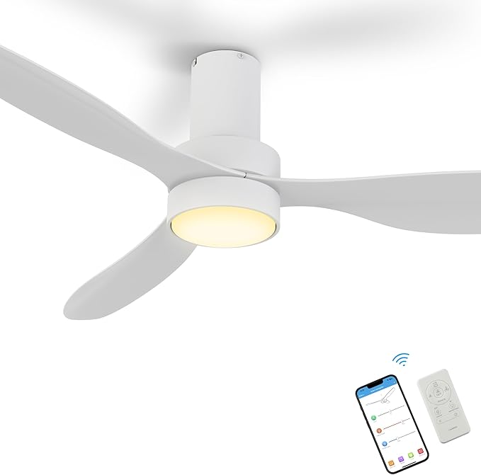 SMAAIR 52" Smart Flush Mount Ceiling Fans with Lights and Remote, Quiet DC Motor, 3-Blade Modern Ceiling Fan, Low Profile Ceiling Fan works with APP/Voice, 8H Timer &24H Schedule, ABS Blades, White