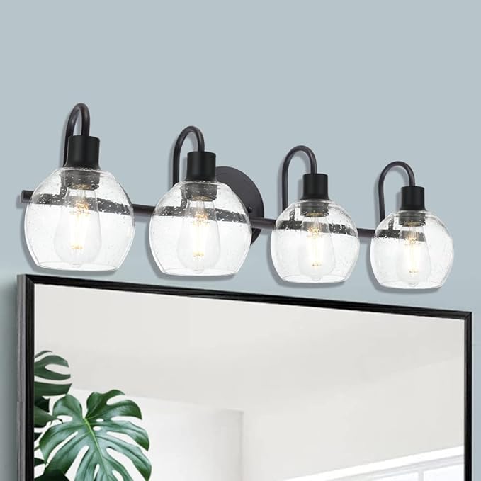 WINSHEN 4-Lights Contemporary Bathroom Light Fixtures Over Mirror with Seeded Globe Glass Shades, Black Rustic Vanity Wall Lighting for Bedroom Dressing Cabinet