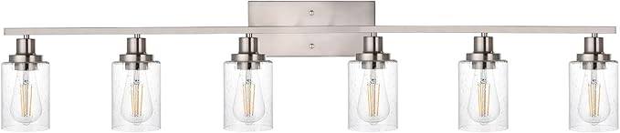 WINSHEN 6-Lights Bathroom Vanity Light Fixtures with Seeded Glass Lampshades, 45.3-Inches Length Modern Brushed Nickel Wall Light Fixture for Kitchen Bathroom Lighting