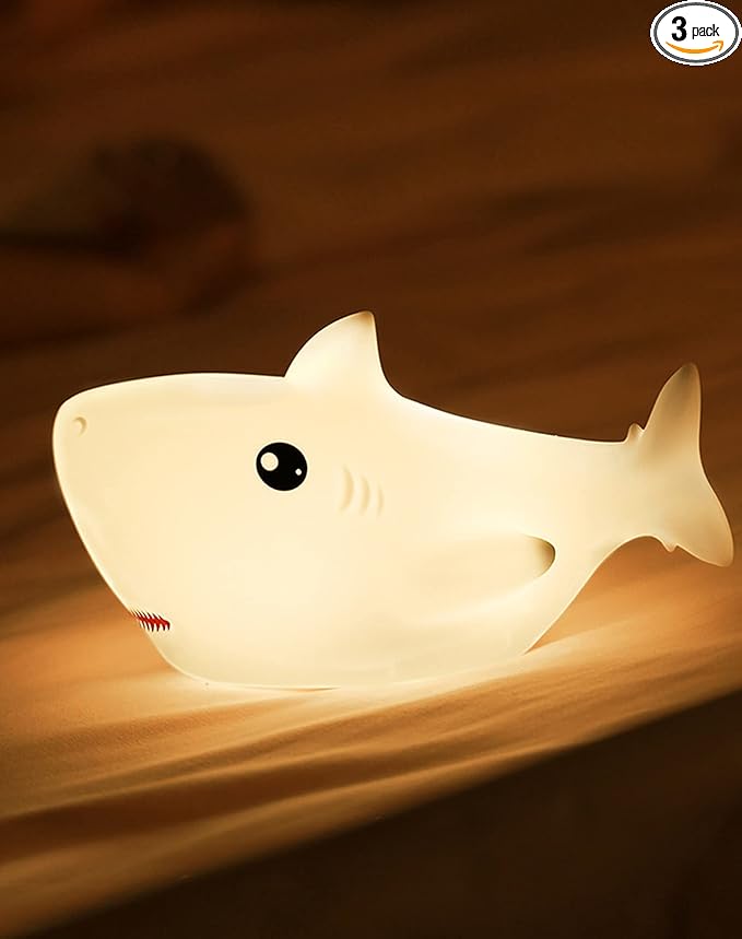 Shark USB Rechargeable Silicone LED Night Light for Kids, Multicolor Cute Nursery Light with Warm White and 7-Color Breathing Mode for Kids Baby Children Bedrooms
