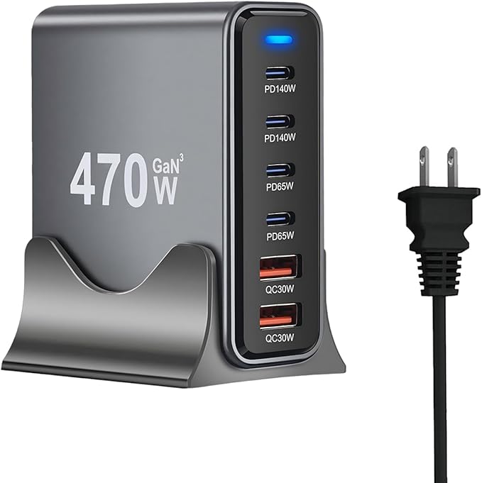 470W USB C Fast Charger Block, 6 Ports GaN III USB Chagring Station, Dual 140W PD PPS HUB for Multiple Devices, Laptop Adapter Compatible with MacBook Pro/Air iPad iPhone Pro Max, Galaxy, Dell, HP