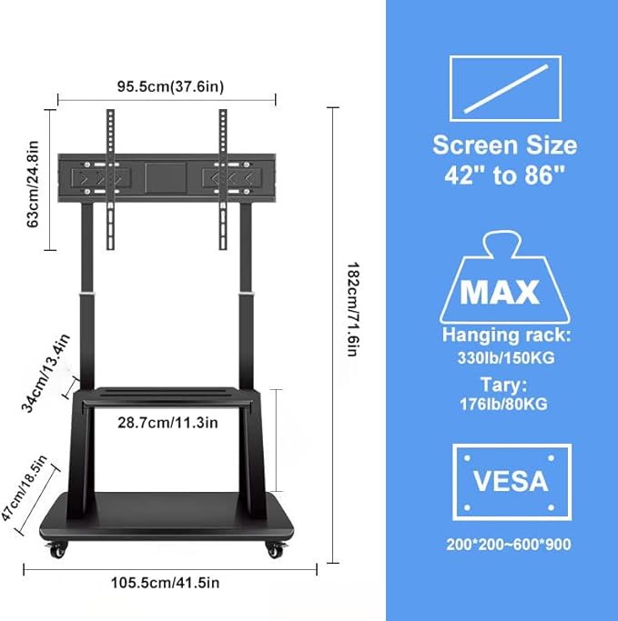 Hellsehen Mobile TV Cart,Rolling TVs Cart on Wheels Height Adjustable Heavy-Duty Floor Stand Base for 42-86 Inch LCD LED OLED Flat Panel Screens Smartboard Movable Holds up to 176lbs with Shelf