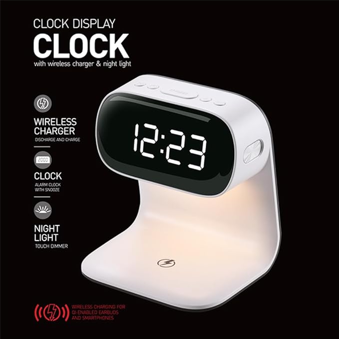3in1 Multi-Functional Wireless Charging Alarm Clock Smart Night Light Qi Charger LED Digital Clock Adjustable Light 15W Fast Wireless Charging for All Qi Phone and TWS Headphone White
