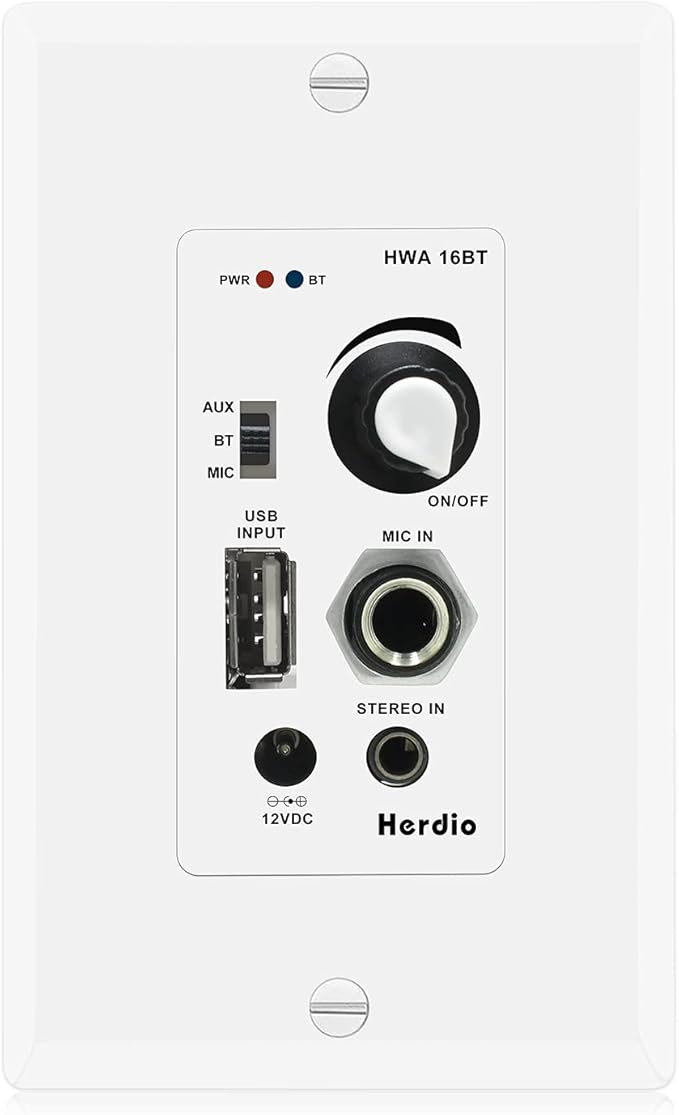 Herdio in Wall Audio Control Amplifier Receiver 2 Channel Wall Plate with USB Microphone Aux (3.5mm) Input 100Watt Max Module for Sound Systems Home Theater Integration Compatible with Bluetooth