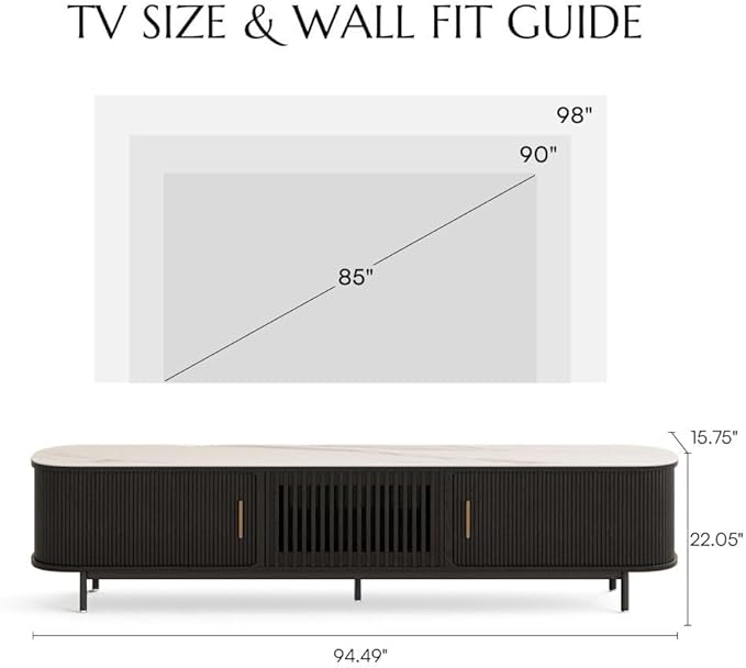 POVISON Sliding Tambour Door TV Stand, Mid Century Modern Sintered Stone TV Console, Wood Media Console for 85 Inch TV, Entertainment Center with Storage Cabinet, Fully-Assembled (Black, 94.49")