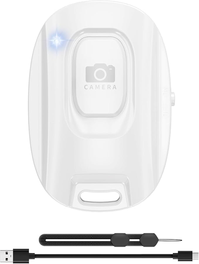 Bluetooth Camera Remote Shutter for iPhone and Android Smartphones, Rechargeable Wireless Phone Remote Control,Selfie Button for Photos and Videos, Charging Cable Included-White