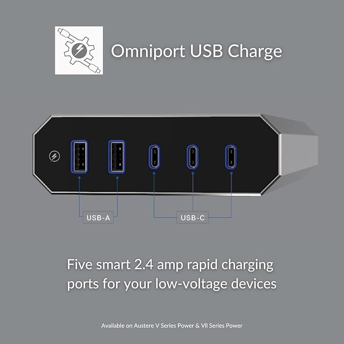 Austere V Series, 8 Outlet Surge Protector Power Strip, 3000 Joules, EMI/RFI Filtering, 3 USB-C and 2 USB-A 2.4 amp Ports, LED Indicators, Overcurrent Protection, 5 Year Component Guarantee