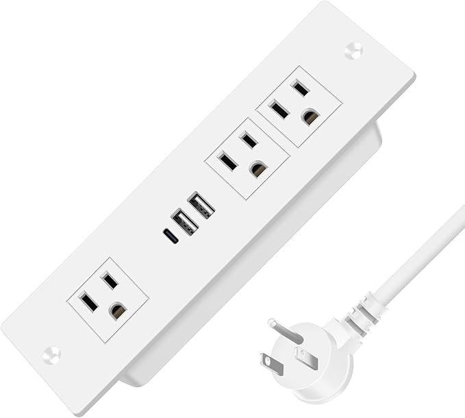Recessed Power Strip, Furniture Drawer Outlet with 20W PD USB-C & 18W QC3.0 USB-A, Plug in 3 Outlets & USB Ports, Flush Mount 3FT Flat Extension Cord Conference Desk Outlets White