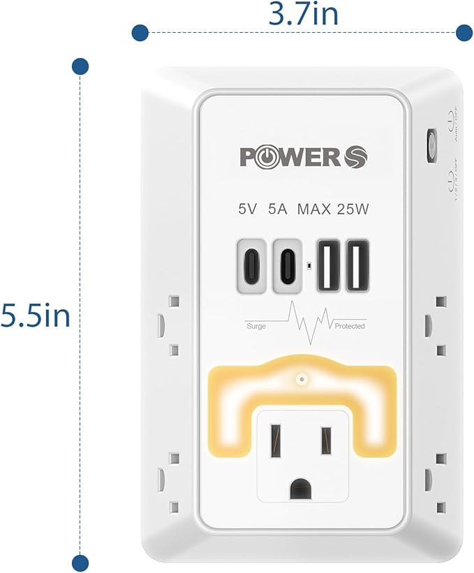 Multi Plug Wall Outlet with USB Ports(2C2A), Snug Wall Outlet with Night Light, Surge Protector, Wall Plug Adapter for Multiple Devices, Wall Socket Expander