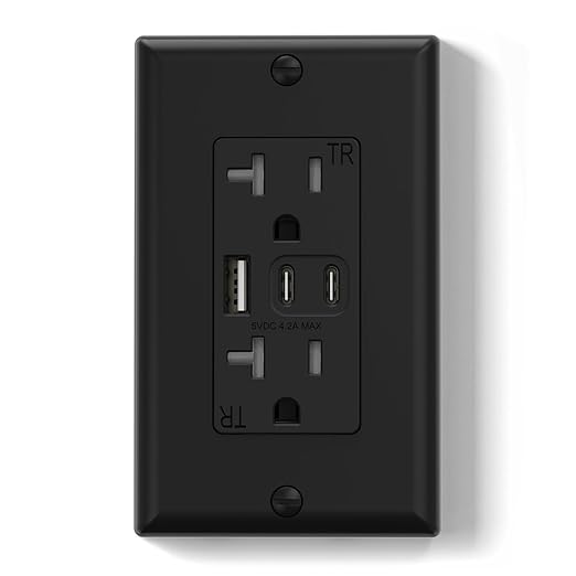 ELEGRP USB Outlets, 20 Amp Wall Outlet with 3 USB Ports, Dual USB C Ports Outlets, TR Tamper-Resistant USB Outlets Receptacles, Wall Plate Included, UL/CUL Listed, 1 Pack, Black