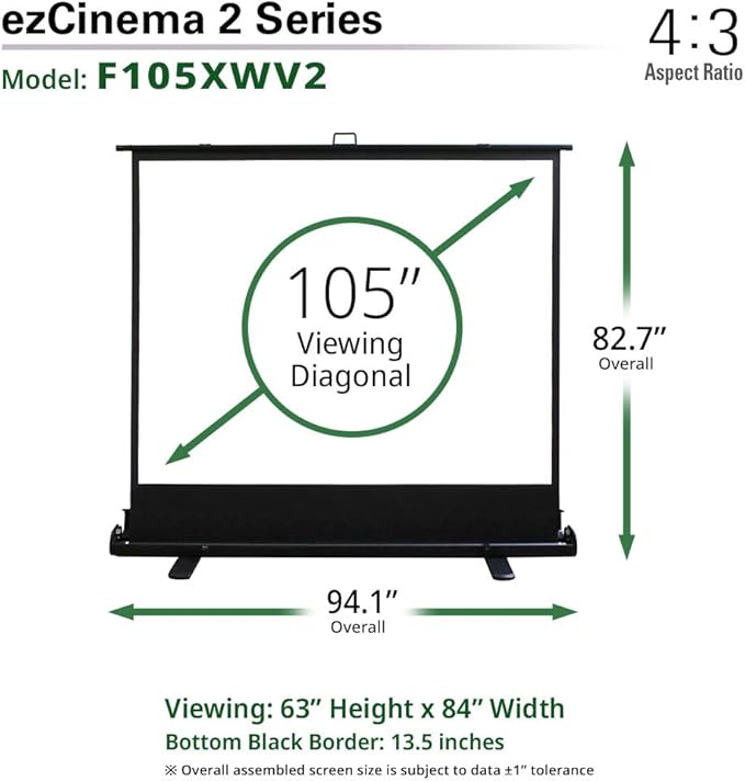 Elite Screens ezCinema 2 Projector Screen, 105-inch 4:3 Portable Manual Floor Pull Up w/ Scissor Backed Church Office Front Projection Carrying Bag, US Based Company 2-YEAR WARRANTY, F105XWV2