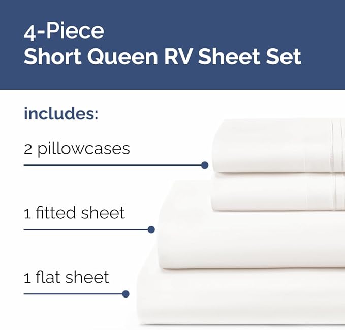 RV Short Queen Sheet Set 60 X 75 - 4 Piece RV Short Queen Bed Sheets - Soft, Breathable & Cooling - Designed for Bunks, Trailers & Campers - Fits 8” to 12" Mattress - Luxury Bedding - Antique White