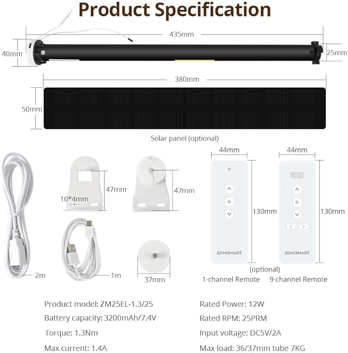 Blindsmart Rechargeable Tuya Zigbee Roller Blinds Motor for 38mm Tube, Motorized Window Shades Automatic Blinds Curtain Opener APP Control, Zigbee Hub Required (with 9-Channel Remote + Solar Pannel)