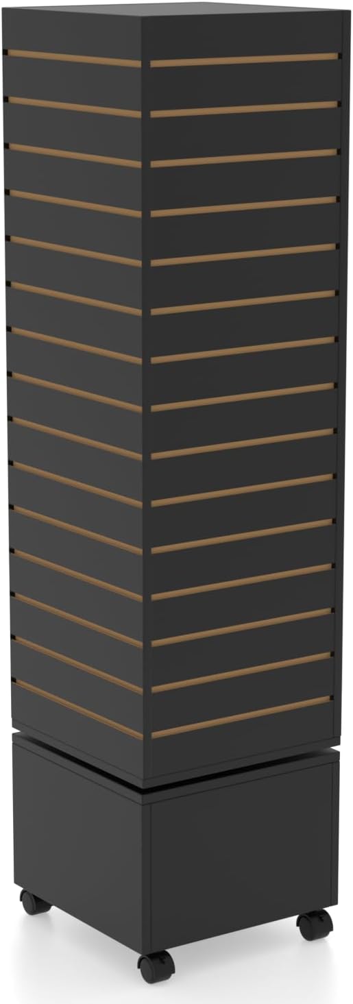 16" W * 16" D * 62" H - Black Slatwall Tower, Four Panel Slatwall Retail Fixture, Rotating Retail Display Rack