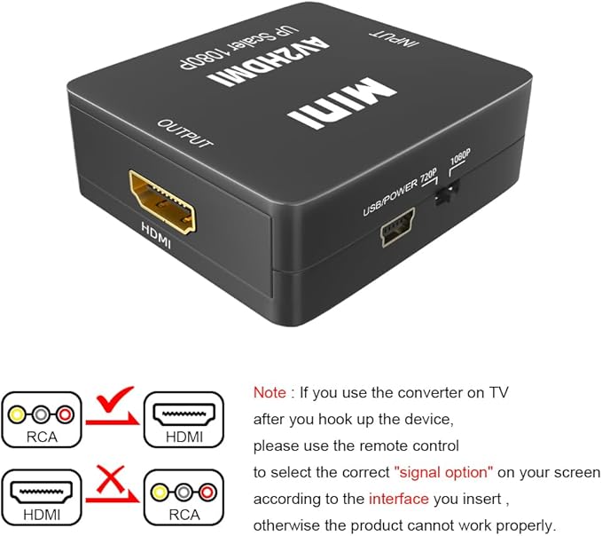 Kirzi AV to HDMI Converter, RCA to HDMI Converter, 1080P Mini RCA Composite CVBS Audio Video Converter Supports PAL/NTSC Compatible with PC/Laptop/Xbox /PS4 /TV/STB/VHS/VCR/Blue-Ray