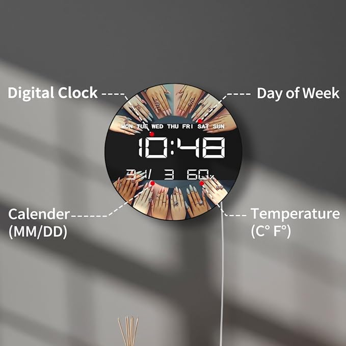 Timethink 12 Inch Nail Salon Digital Wall Clock Large Display, Nail Room Electric Wall Clock Auto-Brightness, Date, Temperature, 12/24hr, USB Powered for Nails Studio Beauty Salon Nail Technician Gift