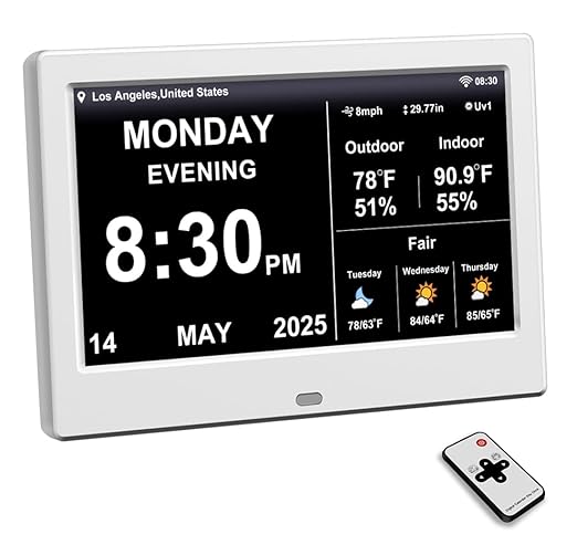 FEYBYLA 2025 New Digital Clock with Temperature/Humidity & Weather Forecast, Auto Time Sync Large Display, Custom Alarms & Medication Reminders, Ideal for Elderly(White, 7-Inch)