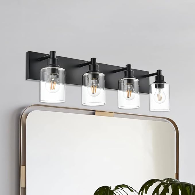 TODOLUZ 4-Lights Bathroom Vanity Light Fixtures, Black Modern Wall Lighting Over Mirror with Clear Glass Shade (E26 Bulb Base)