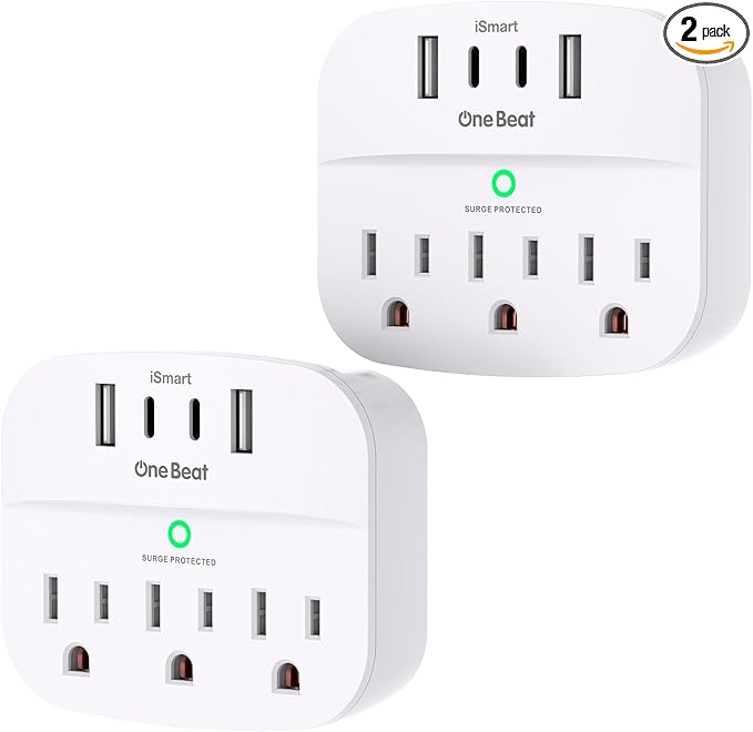 One Beat 2 Pack Multi Plug Outlet Splitter with USB,Surge Protector Outlet Extender with 3 Wall Outlets 4 USB Wall Charger(2 USB C),490 J, ETL Listed,Small Outlet Adapter Plug Extender for Travel,WH