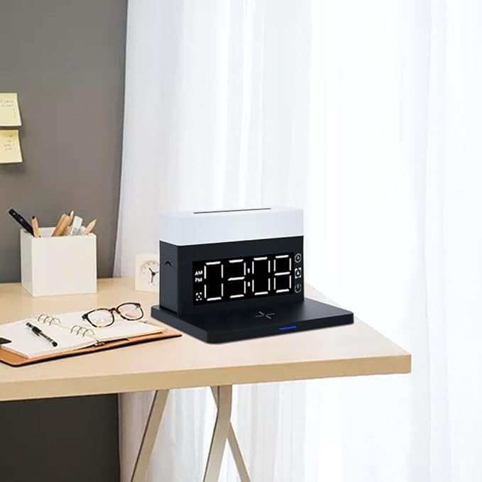 IHAO 6in1 Smart Alarm Clock with Wireless Charger RGB Mood Light 15W Fast Wireless Charging for All Qi Phone TWS Headphone Compliant with i-Watch 7 Color Night Light Large Digital Display-Black