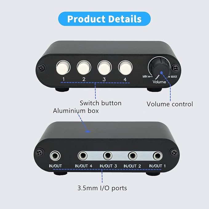 TENEALAY 4-Way 3.5mm Stereo Audio Switch Input Signal Source Switcher Selector Splitter Box with line Volume Controller (4 in 1 Out / 1 in 4 Out) -MC41