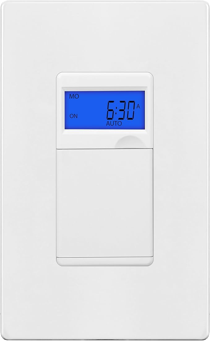 TG 7 Days Digital in-Wall Programmable Timer Switch for Lights, Fans, and Motors, Single Pole, Neutral Wire Required, 18 ON/Off Timer Settings, with Blue Backlight, White