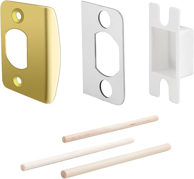 MOSECYOU Standard Strike Plates with Repair Kits, Door Latch Restorer Striker with Sub-Plates and Wood Dowels, Fix Aged Strike Opening (Gold, 1 Pack)