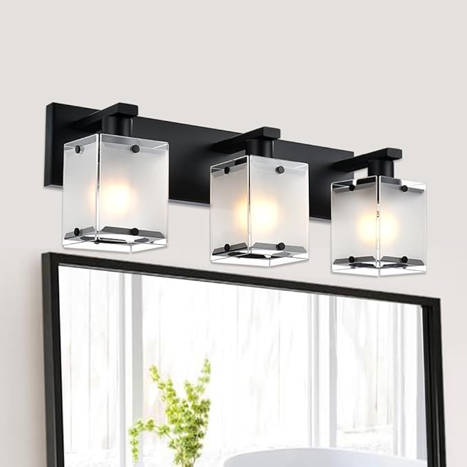 WINSHEN 3-Lights Bathroom Light Fixture Over Mirror, Modern Black Wall Sconce Vanity Lighting Fixtures with Rectangular Frosted Glass Shade for Bathroom Kitchen Bedroom, E26 Bulb Base
