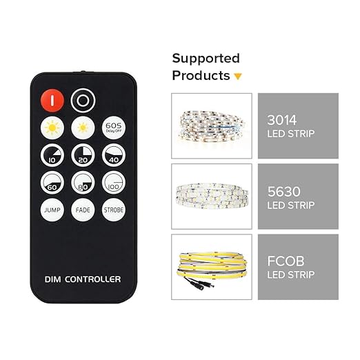 BTF-LIGHTING Mini RF Dimmer Controller 14 Keys for FCOB 3014 5630 5730 3528 Strip Lights DC5V/DC12V/DC24V Brightness Mode Effect Mode Wireless LED Dimmer Controller(Single Color)