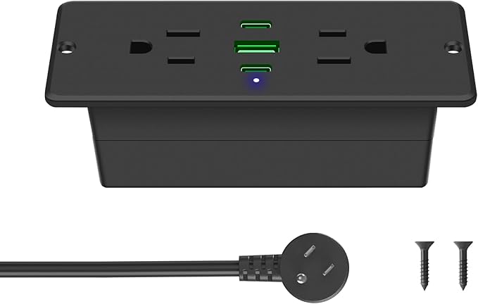 CCCEI Recessed Power Strip with Outlet and 45W USB C Ports, Furniture Flush Mount Power Strip, Small Desk Hidden Outlet for Conference Table, Nightstand, Black, 10FT.