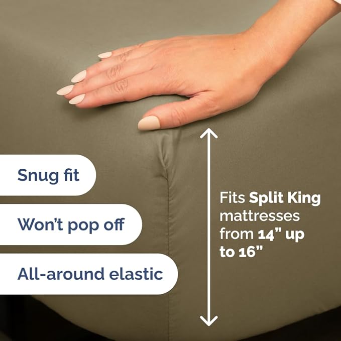 Split Head King Sheet Set – 4 Piece Flex Split Top King Sheets for Adjustable Beds - Fits 14” to 16" Mattress w/ Deep Pockets - Ultra-Soft, Breathable & Cooling - Luxury Bedding & Wrinkle Free - Khaki