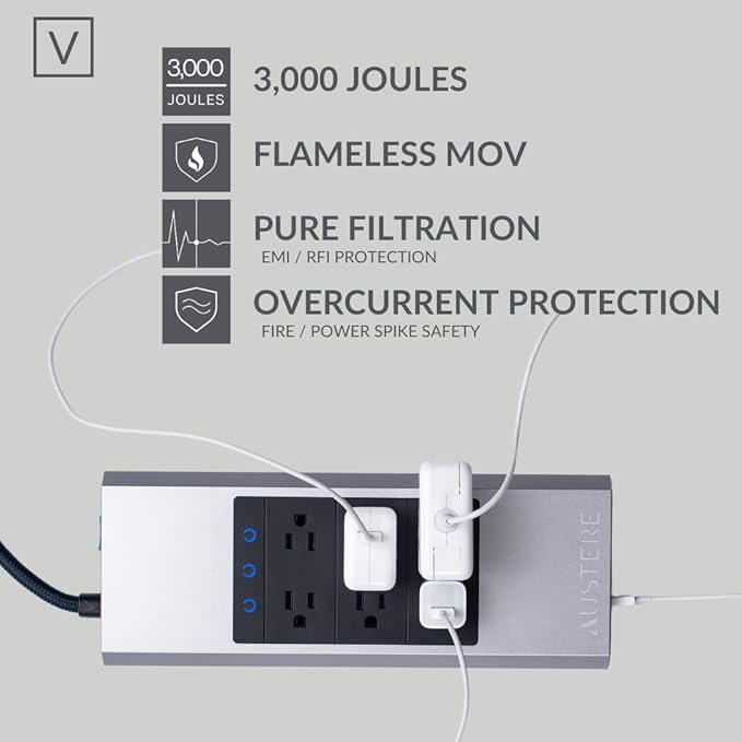 Austere V Series Surge Protector Power Strip, 6 Wide Outlet, 3 USB C & 2 USB A 2.4 amp Ports | 3000 Joules Heavy Duty, EMI/RFI Filtering, 5 Year Component Guarantee