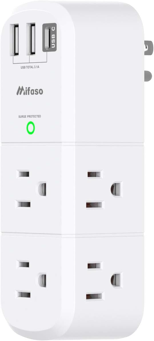 Surge Protector USB Outlet Extender, 6 AC Multi Plug Outlet and 3 USB Ports (1 USB C), 3-Sided Swivel Power Strip Outlet Splitter for Home, Dorm Room Essentials (2 Pack)