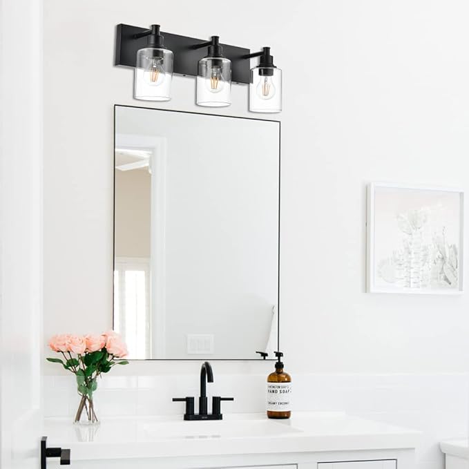 TODOLUZ Industrial Wall Sconce Lighting in Matte Black Finish, 3-Light Bathroom Vanity Light Fixtures with Clear Glass Shades (E26 Bulb Base)