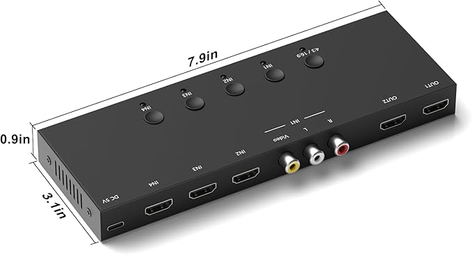RuiPuo 4In to 2Out HDMI/AV Switch (1 AV Input+3 HDMI 2.0 Inputs) RCA to 2Port HDMI Converter for PS1/2/3/4/5, N64, SNES, Switch, DVD, Roku etc.