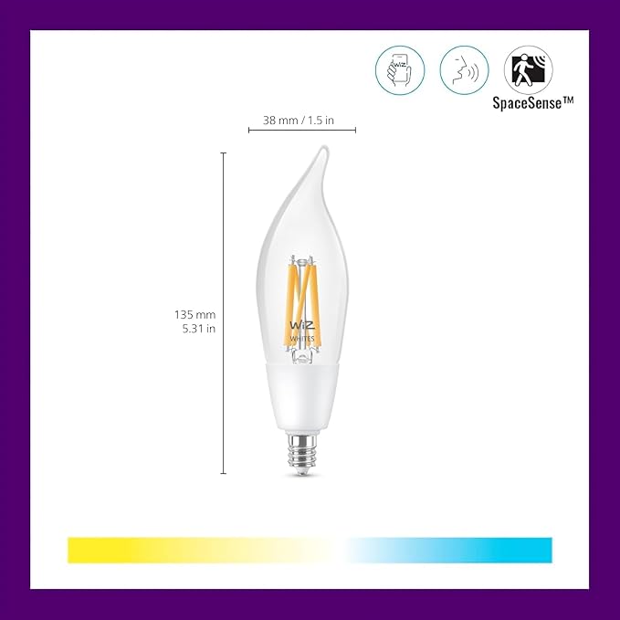 WiZ Clear 40W BA11 Tunable White Filament LED Smart Candle-Shaped Bulb - Pack of 1 - E12- Indoor - Connects to Your Existing Wi-Fi - Control with Voice or App - Matter Compatible