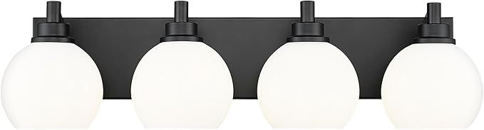 METWET Bathroom Light Fixtures, 4 Light Matte Black Vanity Light, 26 Inch Modern Wall Sconces with Globe Milk White Glass Shade, Vanity Lighting Fixtures Over Mirror, VL195-MB-ML-4