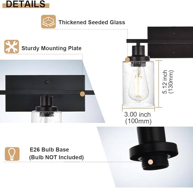WINSHEN 6-Light Seeded Glass Vanity Light Fixtures in Matte Black Finish, 45.3 Inches Length Modern Bathroom Wall Lighting Over Mirror Wall Mount Lights