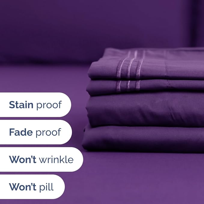 Full XL Bed Sheet Set - 4 Piece Extra Long Extended Full XL Sheets - Soft, Breathable & Cooling - Fits 8" to 16" Mattress w/ Deep Pockets - 54" x 80" - Easy-Fit, Wrinkle and Fade Resistant - Purple