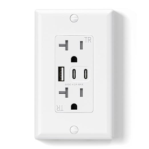 ELEGRP USB Outlets, 20 Amp Wall Outlet with 3 USB Ports, Dual USB C Ports Outlets, TR Tamper-Resistant USB Outlets Receptacles, Wall Plate Included, UL/CUL Listed, 1 Pack, White