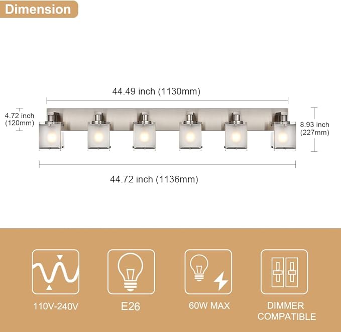 WINSHEN 6-Lights Bathroom Vantiy Light Over Mirror, Modern Black Vanity Lighting Fixtures with Rectangular Frosted Glass Shades for Bath Kitchen Wall Mounted, E26 Bulb Base