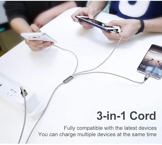 Multi USB Charging Cable 3A, 3 in 1 Fast Charger Cord Connector with Dual Phone/Type C/Micro USB Port Adapter, Compatible with Tablets Phone 12 11 Pro 8 7 6 Samsung Galaxy (4FT/2Pack Charging Only)