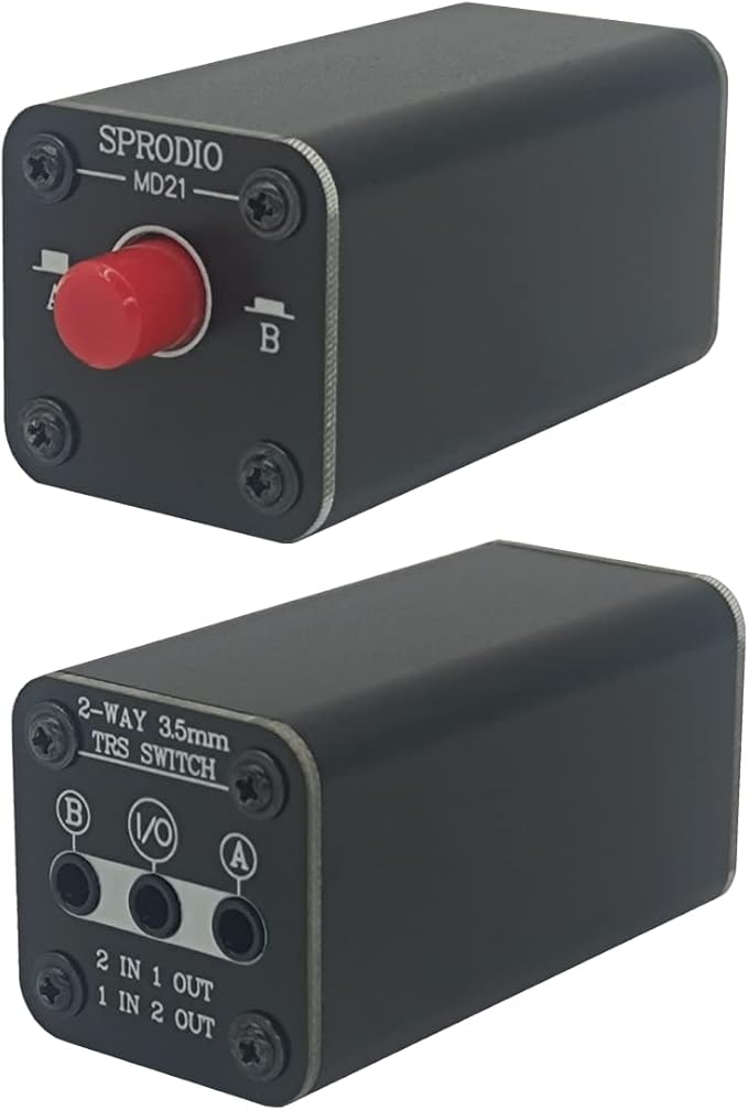 SPRODIO 2 Port Stereo 3.5mm Audio switcher selector Box Passive 1/8 TRS A/B Switch with Ground Switching MD21